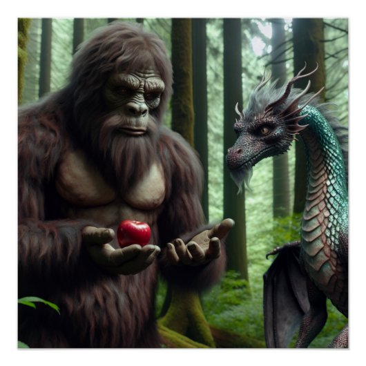 Bigfoot Sasquatch Feeding Dragon Perfect Poster (Voorkant)