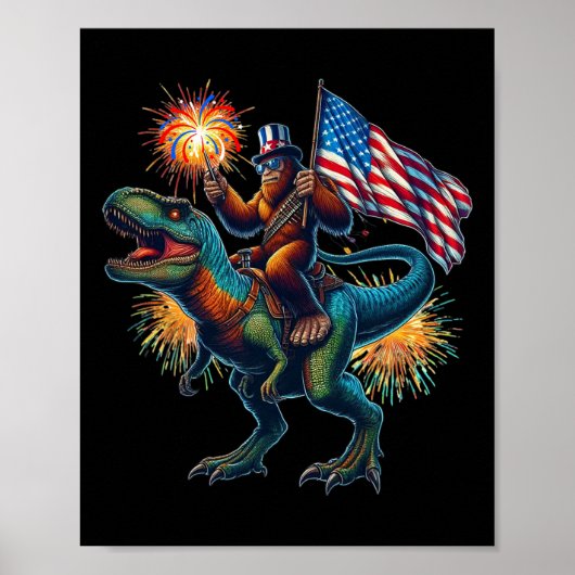 Bigfoot Sasquatch Riding Dinosaur T Rex. Grappig 4 Poster (Voorkant)