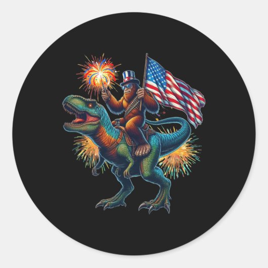 Bigfoot Sasquatch Riding Dinosaur T Rex. Grappig 4 Ronde Sticker (Voorkant)