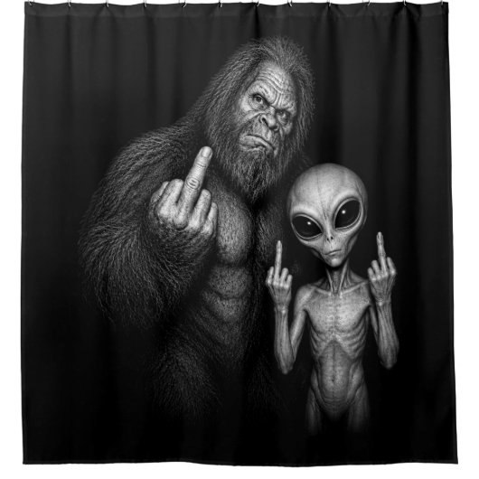 Bigfoot Sasquatch Ruimte Alien Middelvinger Douchegordijn (Voorkant)