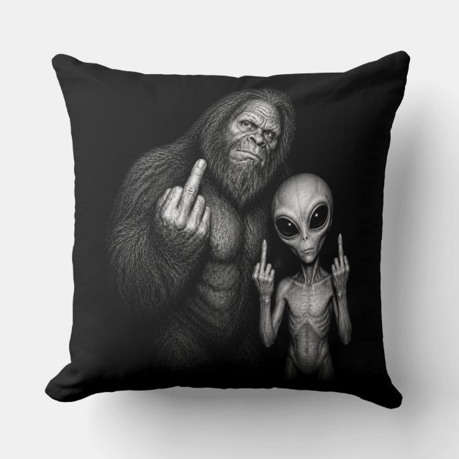 Bigfoot Sasquatch Ruimte Alien Middelvinger Kussen (Voorkant)