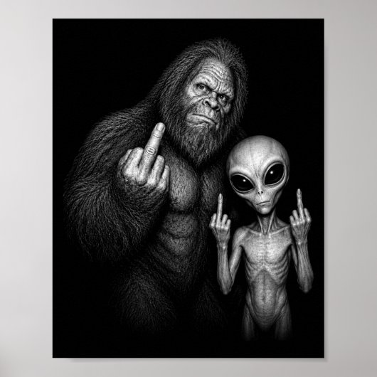 Bigfoot Sasquatch Ruimte Alien Middelvinger  Poster (Voorkant)