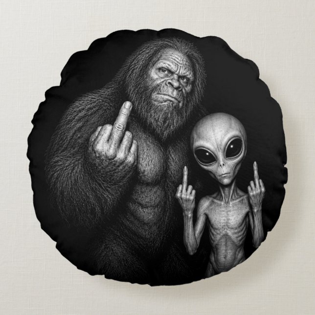 Bigfoot Sasquatch Ruimte Alien Middelvinger Rond Kussen (Voorkant)