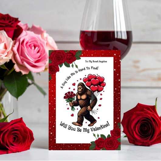 Bigfoot Sasquatch Valentine Romantic Red Glitter  Feestdagenkaart