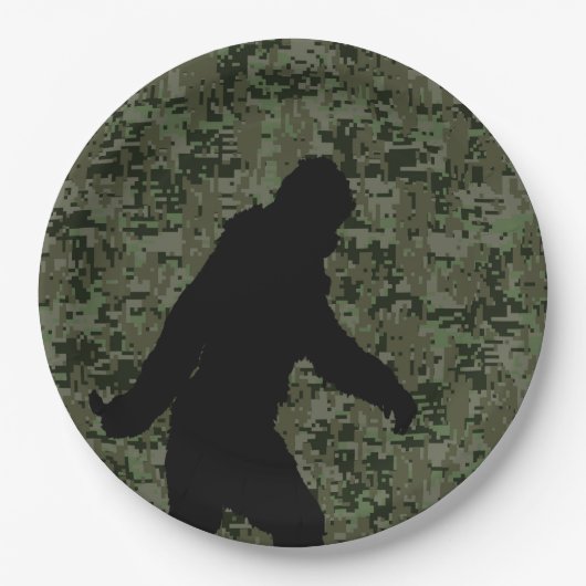 Bigfoot Silhouette op Woodland Digital Camouflage Papieren Bordje (Voorkant)