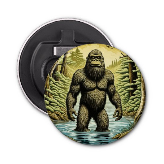 Bigfoot staand in Water Cartoon Button Flesopener (Voorkant)