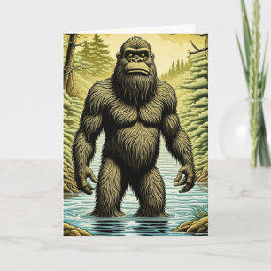 Bigfoot staand in Water Cartoon Verjaardag Kaart