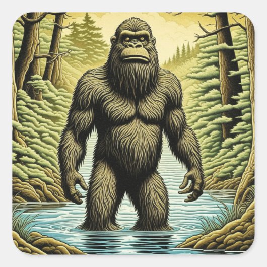 Bigfoot staand in Water Cartoon Vierkante Sticker (Voorkant)