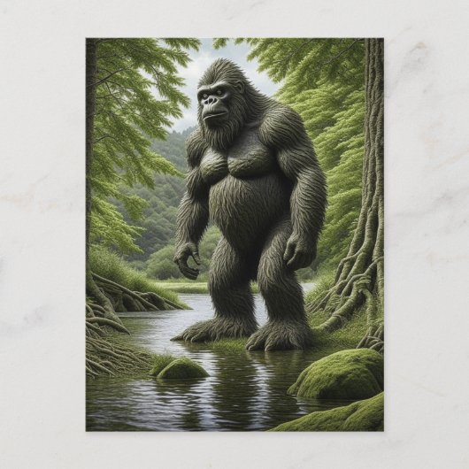Bigfoot staande in een Creek Cartoon Briefkaart (Voorkant)
