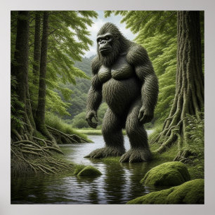 Bigfoot staande in een Creek Cartoon Poster