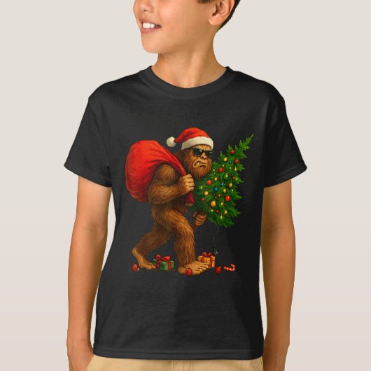 Bigfoot Stealing Christmas Tree Lights Xmas Boys M T-shirt (Voorkant)