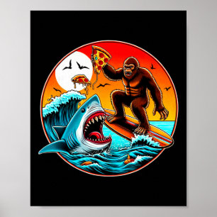 Bigfoot Surfen Eet Pizza Haai Aangrijpen Grappige Poster