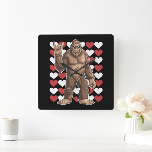 Bigfoot Valentijnsdag Funny Hearts Sasquatch Liefd Vierkante Klok (Huis)
