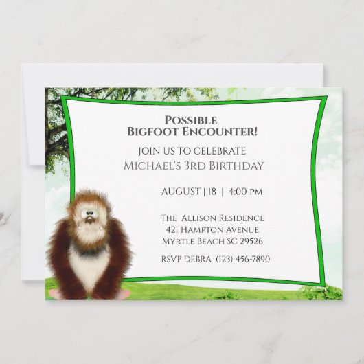 Bigfoot verjaardagsfeestuitnodiging kaart (Voorkant)