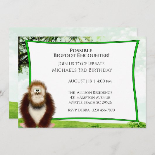 Bigfoot verjaardagsfeestuitnodiging kaart (Voorkant / Achterkant)