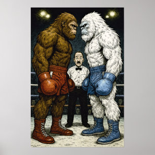 Bigfoot vs Yeti, bokswedstrijd, A.I. stripkunst Poster