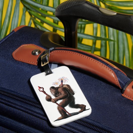 Bigfoot Vuurwerk 4 juli Vlag Sasquatch Bagagelabel (Voorkant Insitu 1)