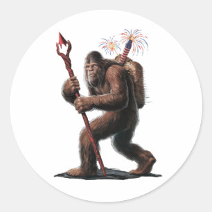 Bigfoot Vuurwerk 4 juli Vlag Sasquatch Ronde Sticker