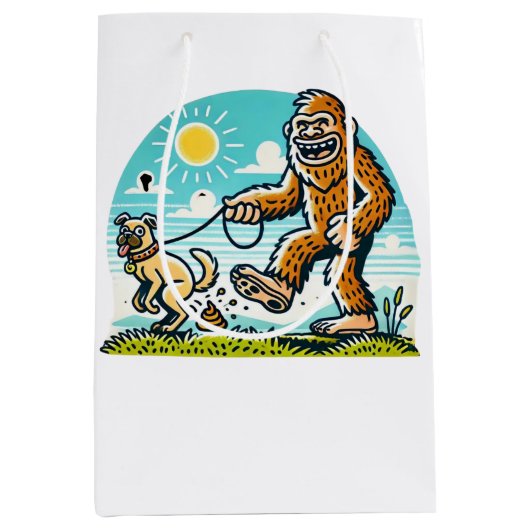 Bigfoot Walking His Dog Humorous Outdoor  Medium Cadeauzakje (Voorkant)