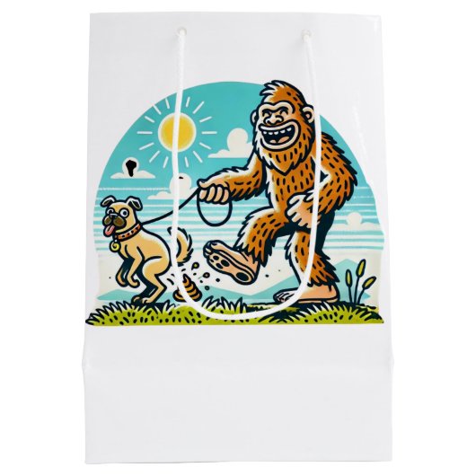 Bigfoot Walking His Dog Humorous Outdoor  Medium Cadeauzakje (Achterkant)
