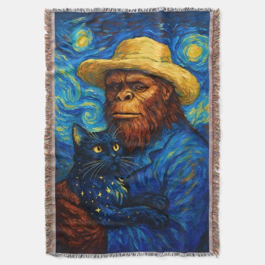 Bigfoot with Cat in Van Gogh Style Starry Night Deken (Voorkant Verticaal)