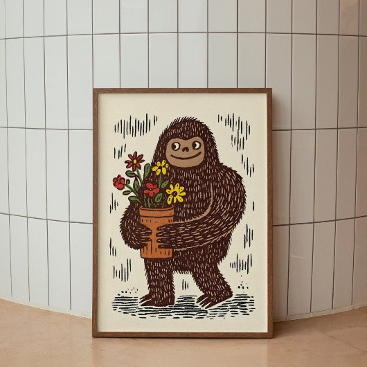 Bigfoot With Flowers Cute Wall Art Poster Print