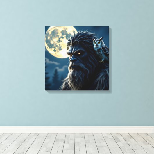 Bigfoot with Glowing Eyes and Owl on his Shoulder Canvas Afdruk (Insitu (Houten vloer))