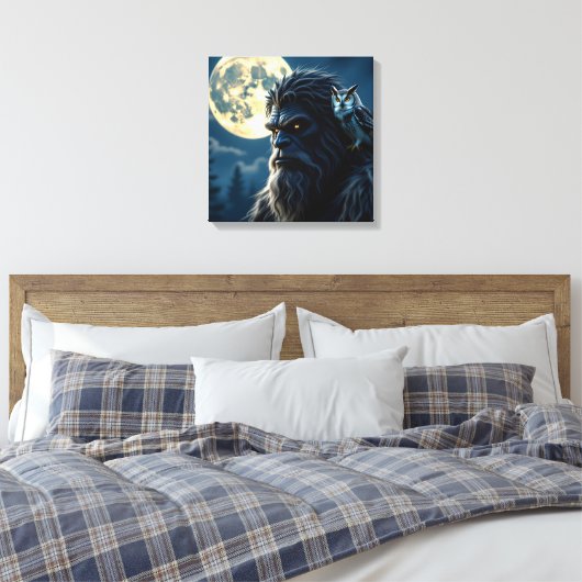 Bigfoot with Glowing Eyes and Owl on his Shoulder Canvas Afdruk (Insitu (Slaapkamer))