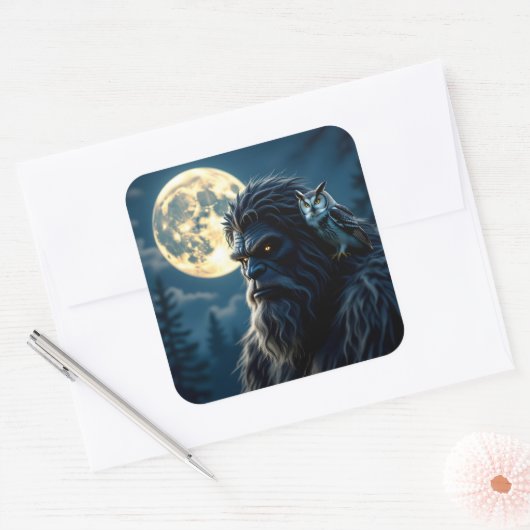 Bigfoot with Glowing Eyes and Owl on his Shoulder  Vierkante Sticker (Envelop)
