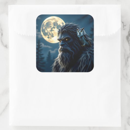 Bigfoot with Glowing Eyes and Owl on his Shoulder  Vierkante Sticker (Tas)