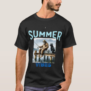 Bigfoot zittend op een steiger vissen met zijn zwa t-shirt