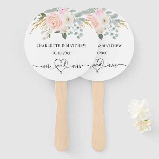 Biggen met het hartscript blush floral white handwaaier (Voorkant en achterkant)