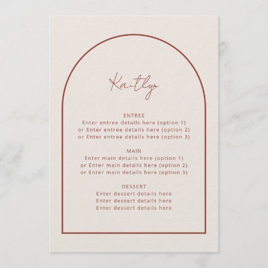 Biggen met minimale terracotta gastnaam bruiloft m menu (Voorkant)