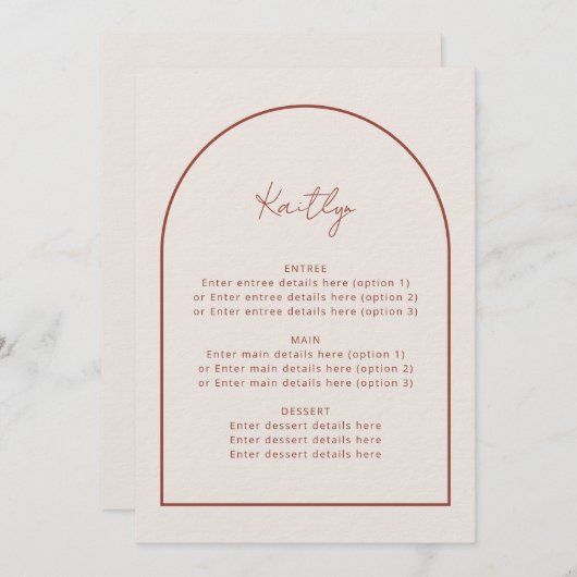 Biggen met minimale terracotta gastnaam bruiloft m menu (Voorkant / Achterkant)