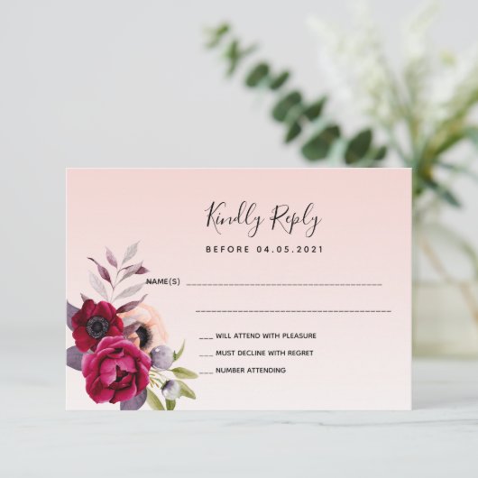 Biggen roos gouden bloem RSVP Kaartje (Staand voorkant)