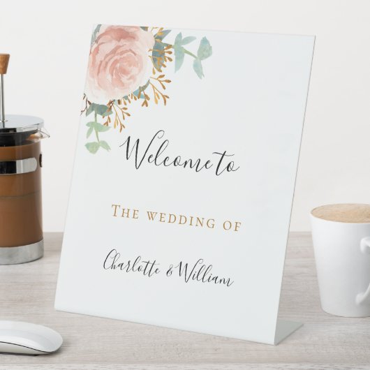 Biggen roze florale eucalyptus welkom reclamebord met voetstuk (Insitu)