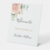 Biggen roze florale eucalyptus welkom reclamebord met voetstuk (Voorkant)