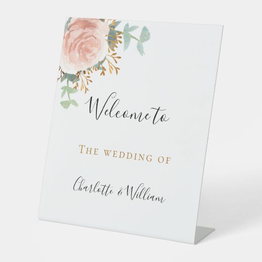 Biggen roze florale eucalyptus welkom reclamebord met voetstuk (Voorkant)