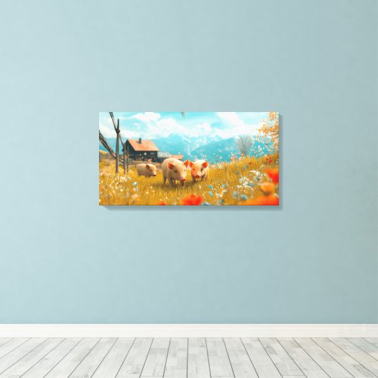 Biggen spelen in een veld canvas afdruk (Insitu (Houten vloer))