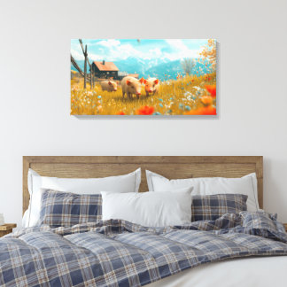 Biggen spelen in een veld canvas afdruk