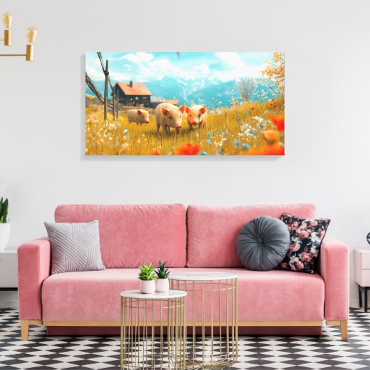 Biggen spelen in een veld canvas afdruk (Insitu (Woonkamer))