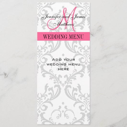 Biggenmenukaarten Damask Monogram Pink White Menu (Voorkant)