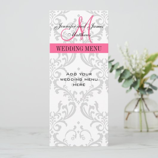 Biggenmenukaarten Damask Monogram Pink White Menu (Staand voorkant)