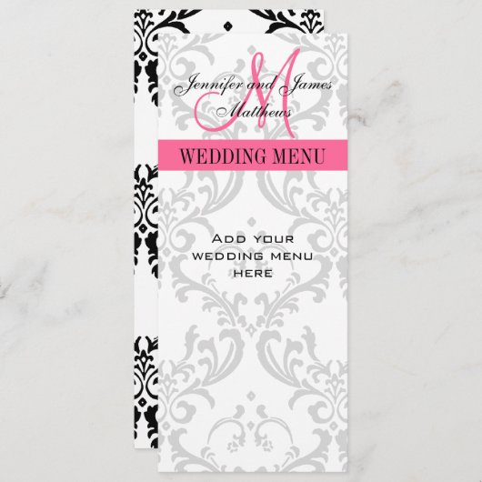 Biggenmenukaarten Damask Monogram Pink White Menu (Voorkant / Achterkant)