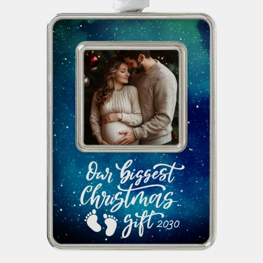 Biggest Christmas Gift | Pregnancy Photo Verzilverd Omlijst Ornament (Voorkant)