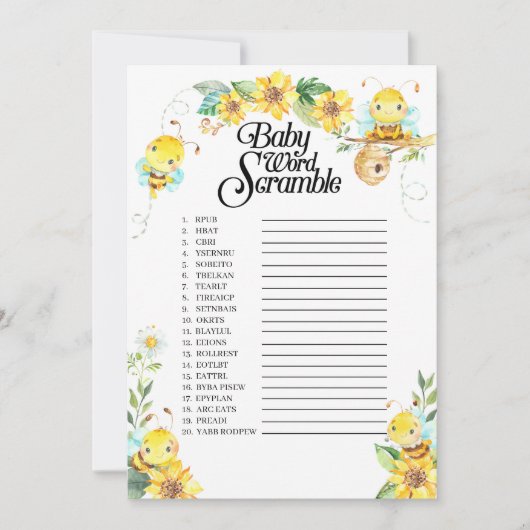 Bij Baby Shower Woordzoekspel Kaart (Voorkant)