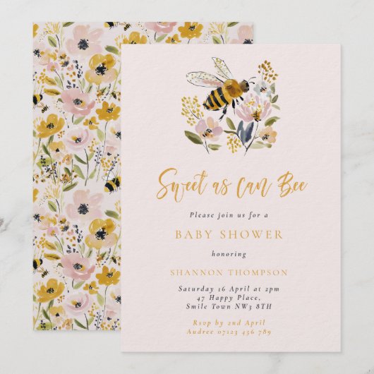 Bij & Bloem Zoete Baby Shower Kaart (Voorkant / Achterkant)
