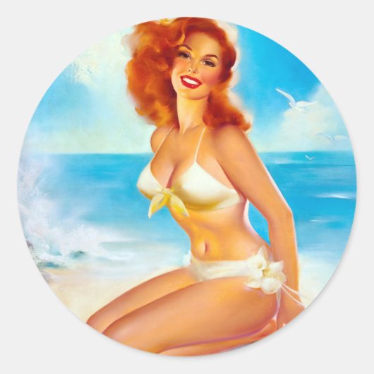Bij de Beach Pin up Ronde Sticker (Voorkant)