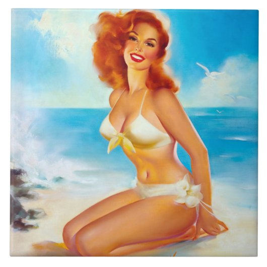 Bij de Beach Pin up Tegeltje (Voorkant)