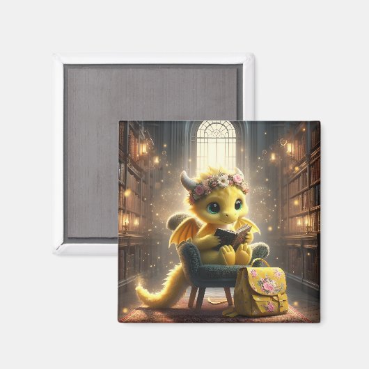 Bij de Bibliotheek - Gele Drakenmagneet Magneet (Voorkant / Achterkant)